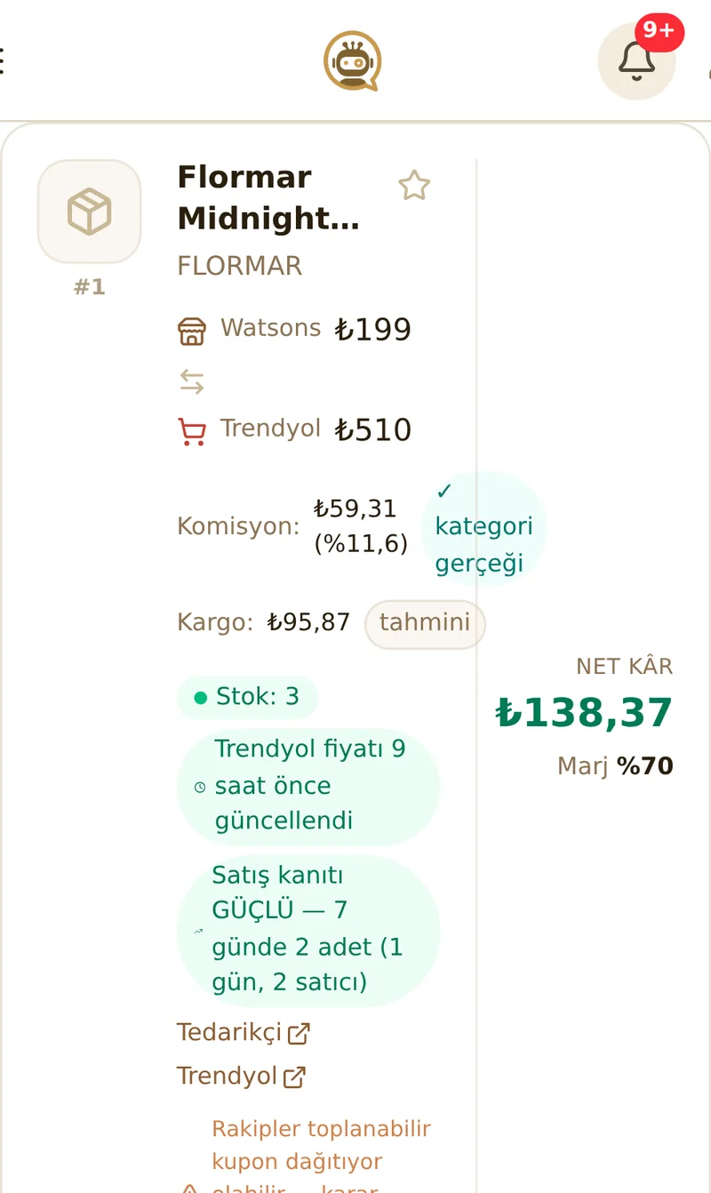 Bir fırsat kartı — tedarikçi fiyatı, Trendyol fiyatı, komisyon, kargo ve net kâr