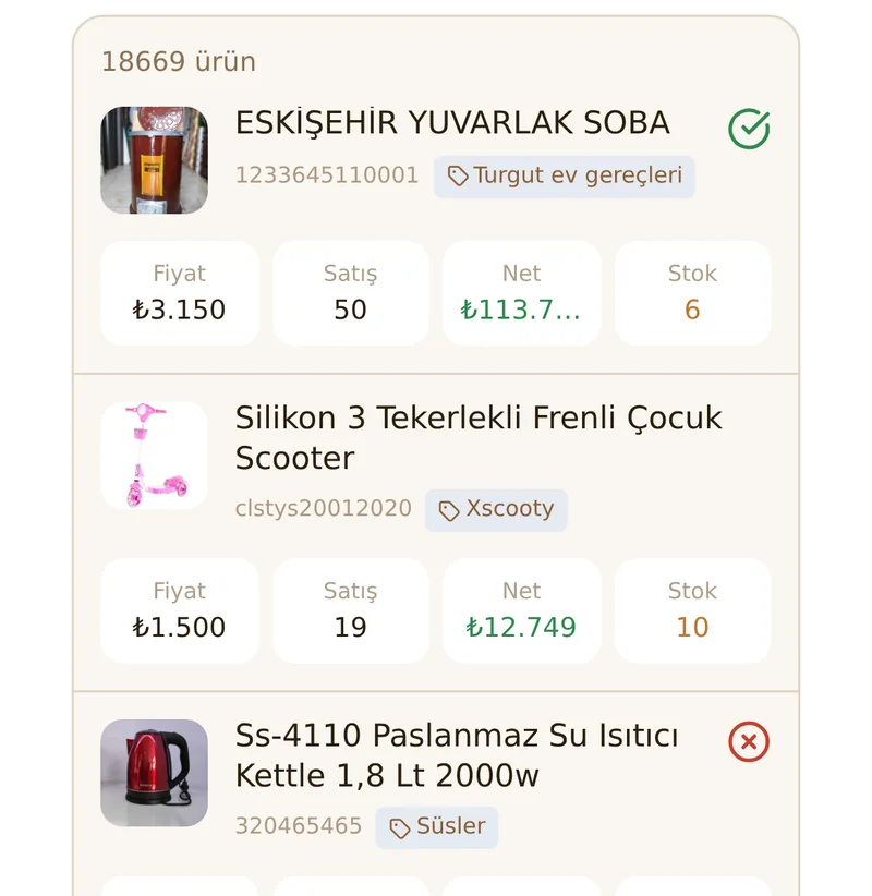 Ürünler listesi — ürün başına fiyat, satış, net ve stok